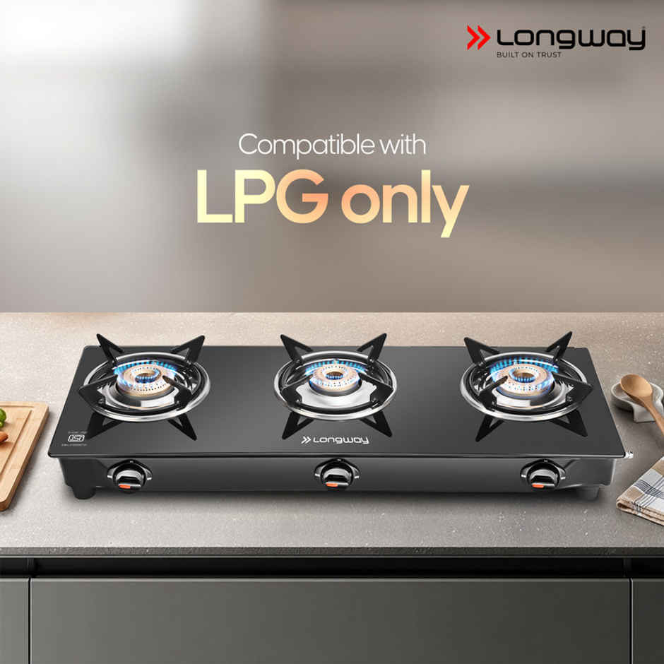 Longway 3 Burner Furn Glass Top | Manual Ignition Glass Gas Stove | ISI Certified