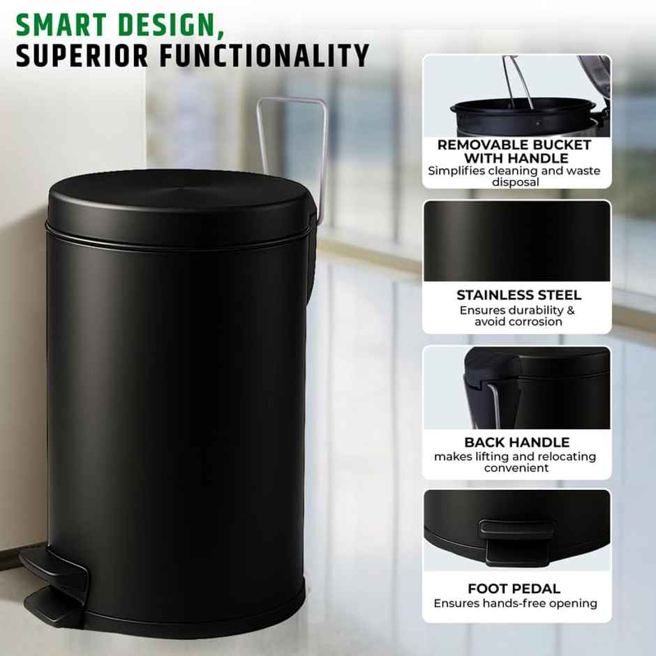 Robustt Stainless Steel Dustbin - 8 L | Black