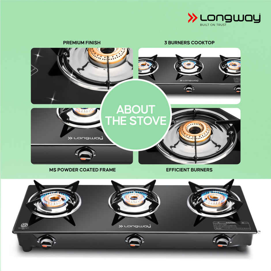 Longway 3 Burner Furn Glass Top | Auto Ignition Glass Gas Stove | ISI Certified | Black