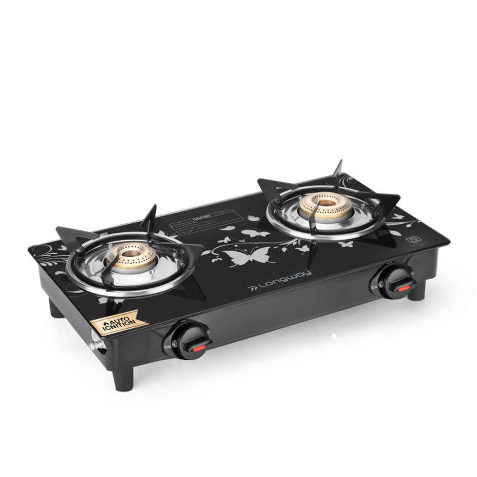 Longway Astra Glass Top Gas Stove 2 Burner Auto Ignition | Black