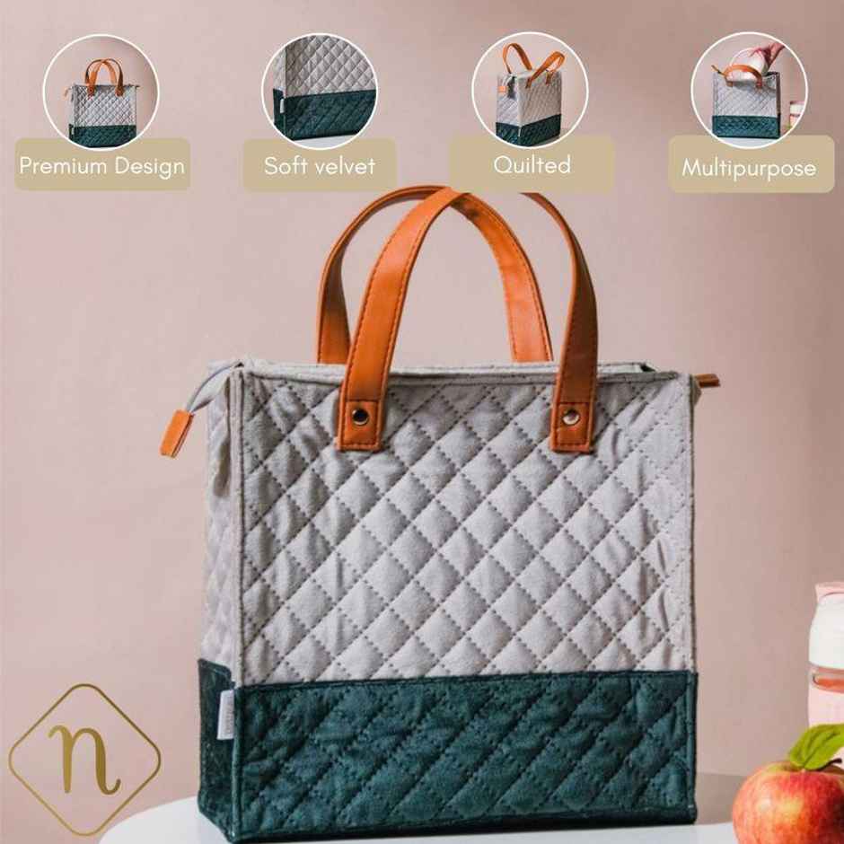 Nestasia Luxe Velvet Lunch Bag Grey And Green