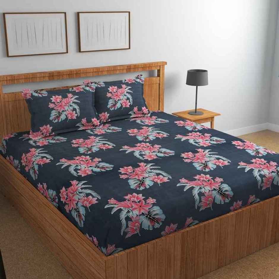 Florida Elastic Fitted Double Cotton Floral Bedsheet | With 2 Pillow Covers | Blue | 90 x 100 in