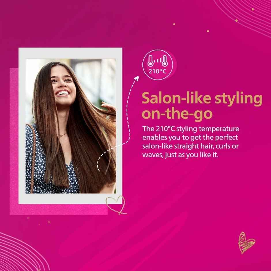 Philips India's No.1 Hair Styling Brand On- the- Go Hair Straightener | BHS286/00 | Pastel Pink