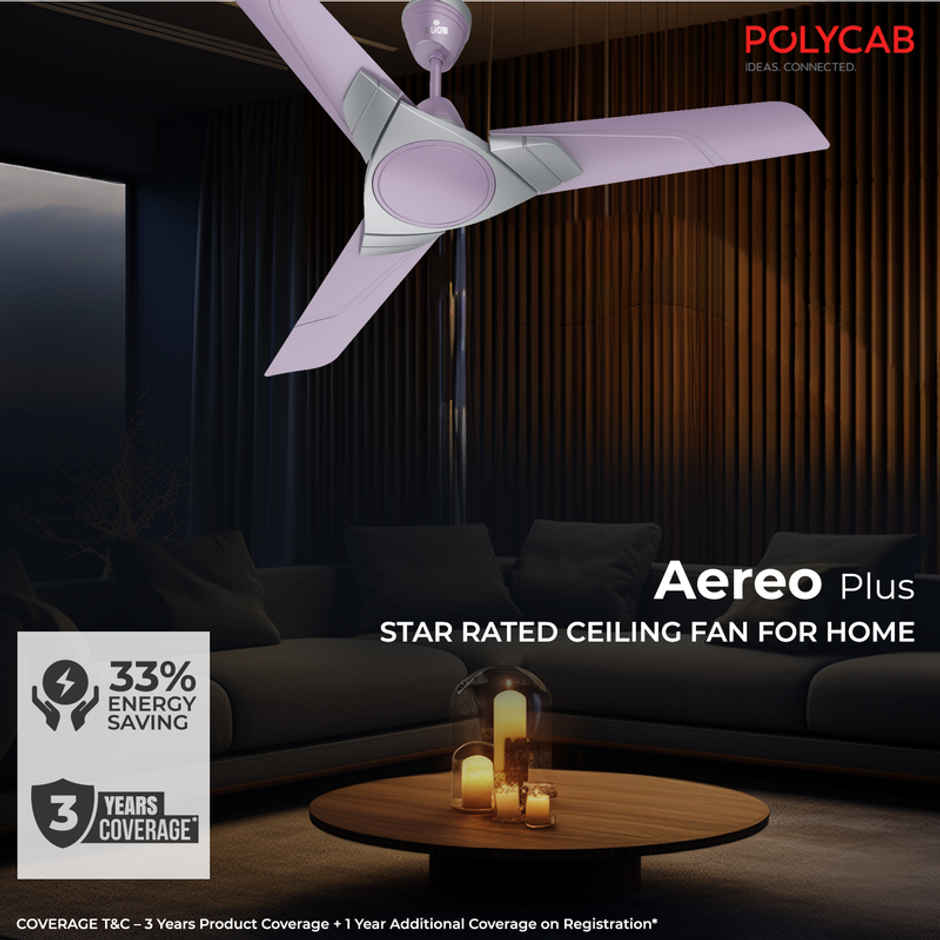 Polycab Aereo Plus Ceiling Fan, 1200mm, Star Rated, 100% Copper, Rust-Proof Blades, Lilac Silver
