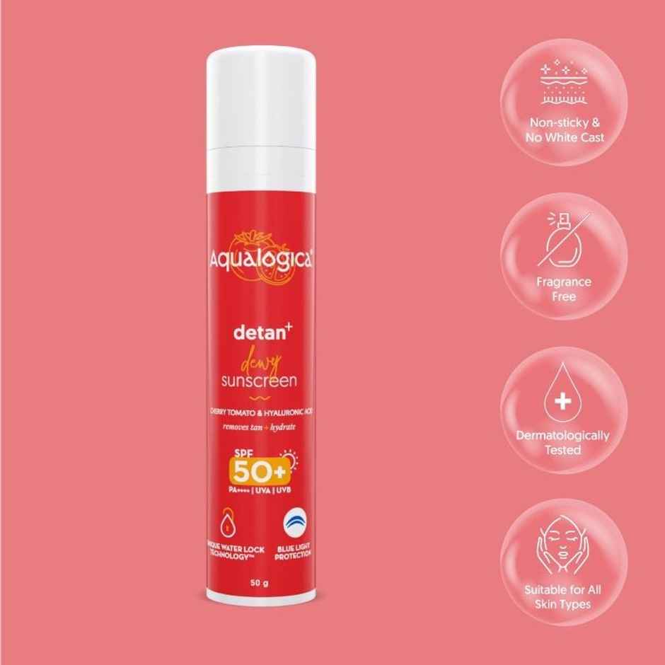 Aqualogica Detan+ Dewy Lightweight Sunscreen Gel SPF 50+ PA++++ for Normal & Dry Skin Combo