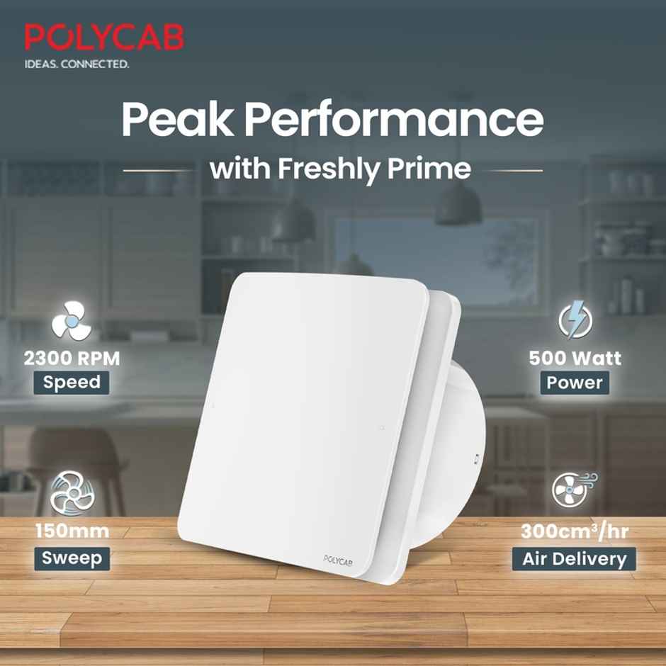 Polycab Freshly Prime Exhaust Fan, 150mm, 100% Copper, Noiseless Ventilation,High Speed, White