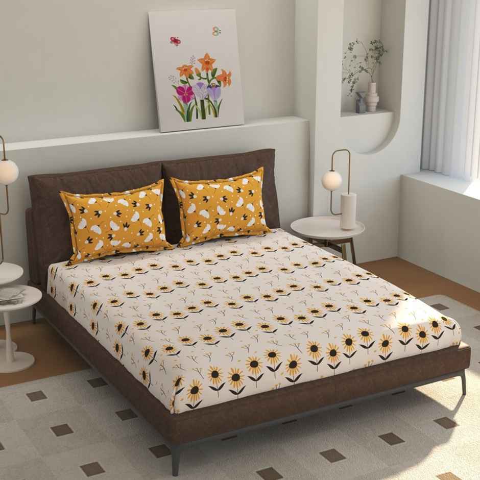 Florida Eclairs Elastic Fitted Bedsheet for Double Bed with Pillow Cover | Cream