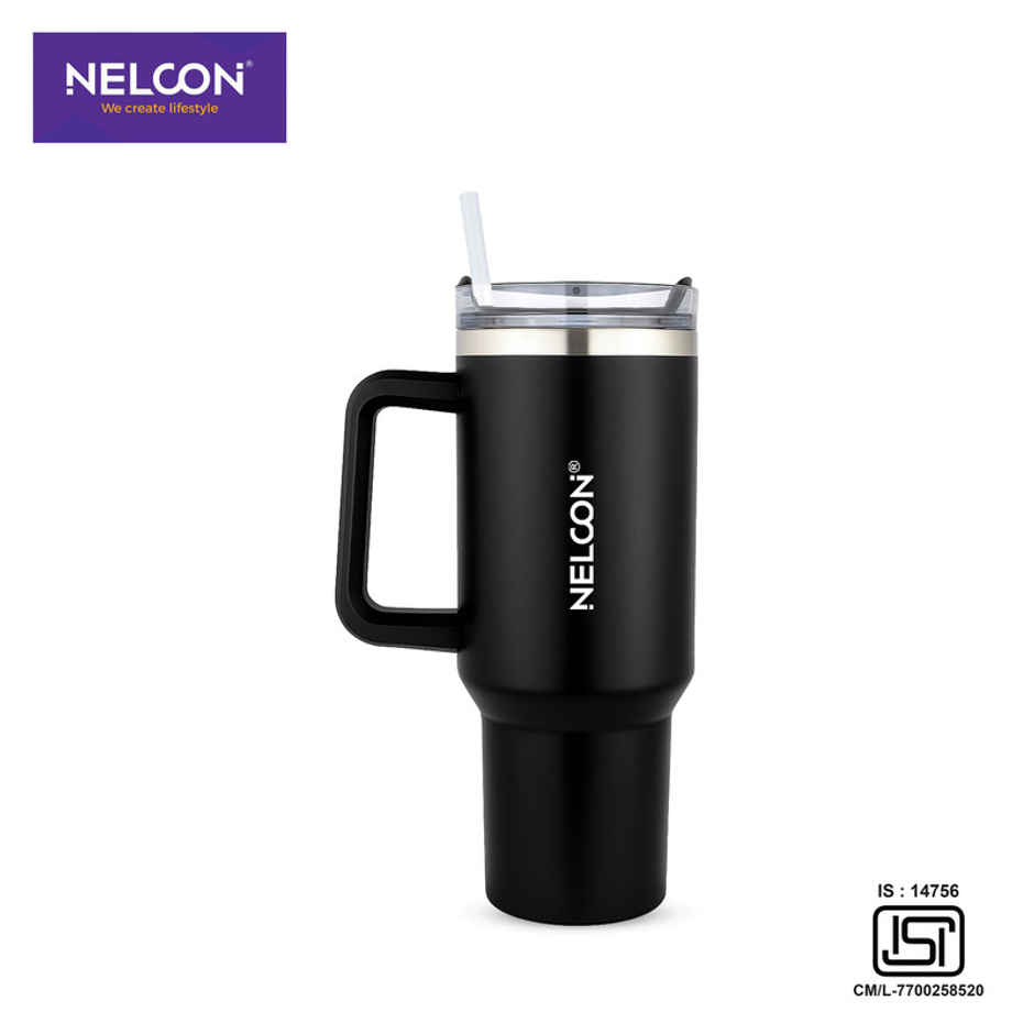 Nelcon SipJoy Vacuum Insulated Water Tumbler With Straw | Matt Finish | Black | 900 ml
