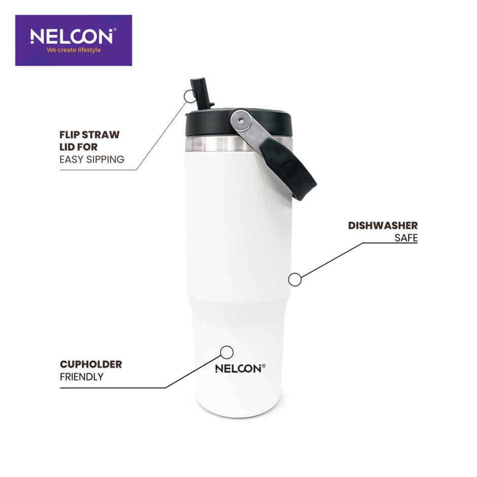Nelcon Travel Mate Insulated Tumbler | Double Wall Stainless Steel Flask | White | 900 ml