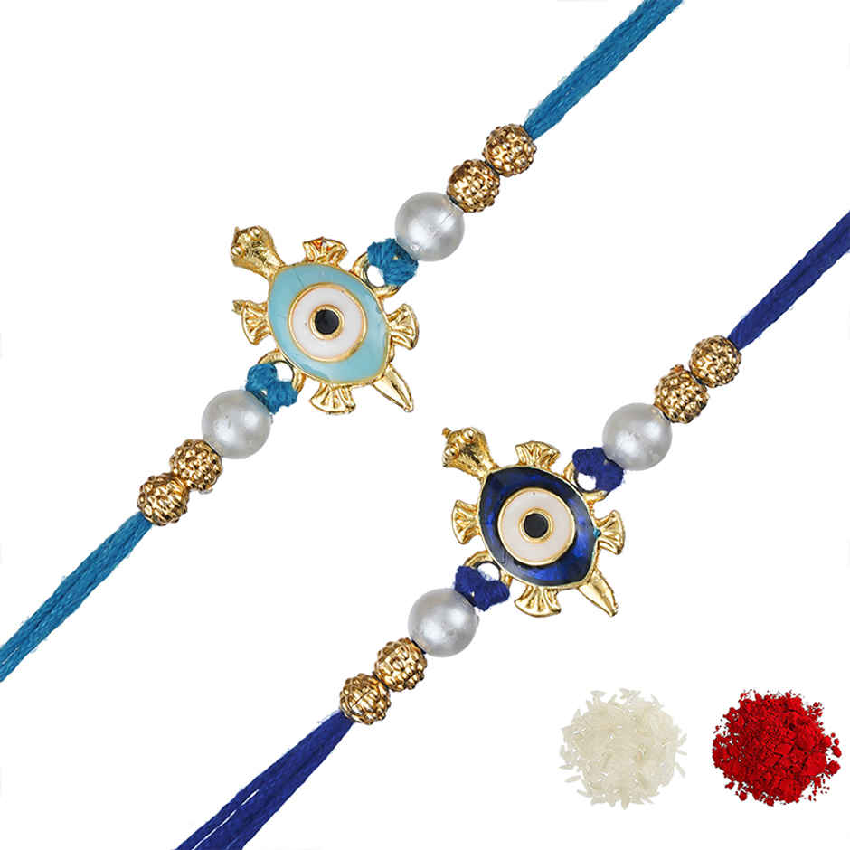 Multicolor Evil Eye Tortoise Rakhis with Roli Chawal | Feng Shui Rakhi | Pack of 2 | Ecraftindia