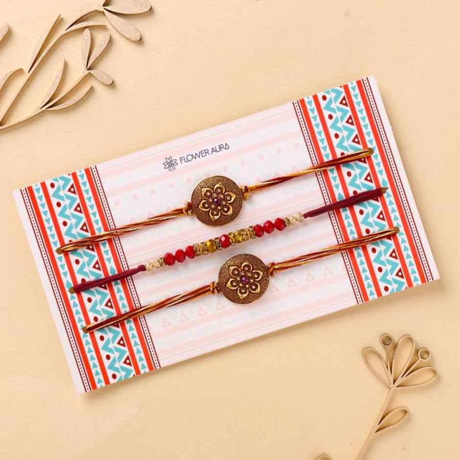 FlowerAura Floral Beaded Pendant Rakhi - Antique Finish