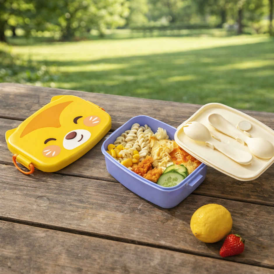 DesignLand Cute Cartoon Kids Lunch Box with Spoon & Fork | Yellow & Purple