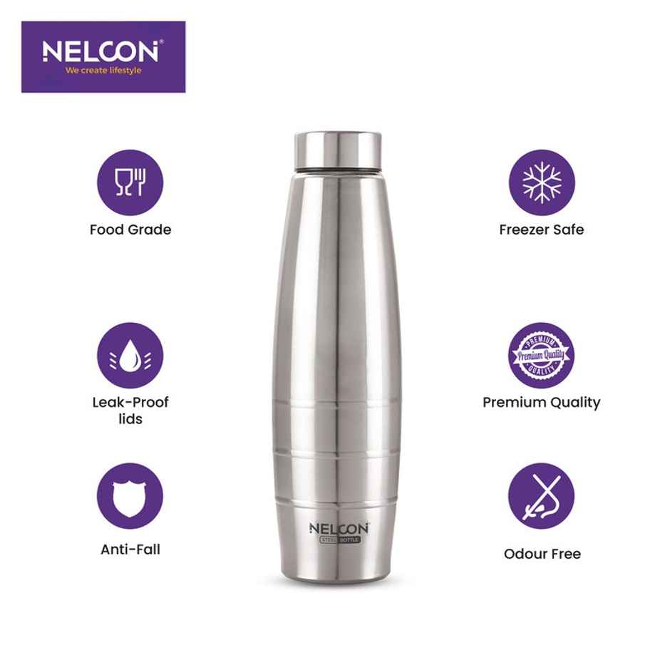 Nelcon Silver Eco Stainless Steel Water Bottle | 700 ml | Food Grade Steel | Silver
