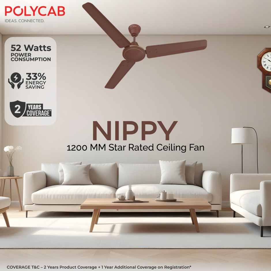 Polycab Nippy Ceiling Fan,1200mm,100% Copper,Corrosion Resistant G-Tech Blades,Matt Brown
