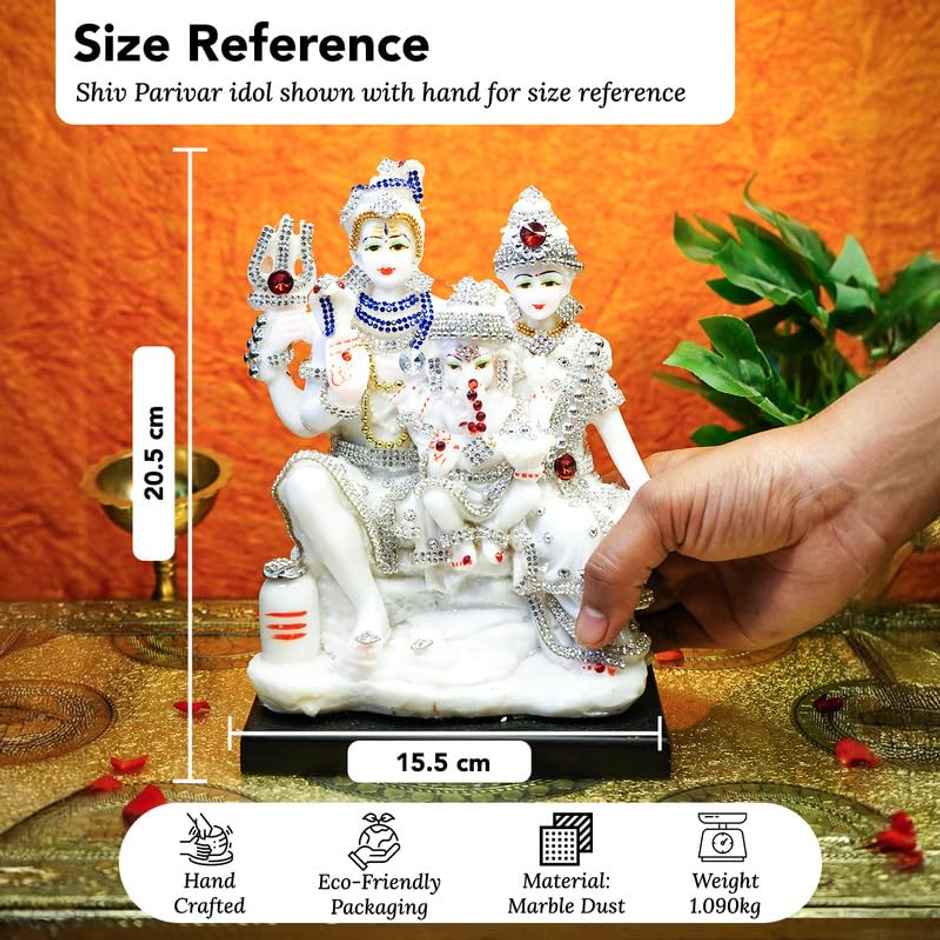Ekhasa Marble Dust Shiv Parivar Murti | 8 Inch | Gemstone Studded Shiv Parvati Murti For Pooja