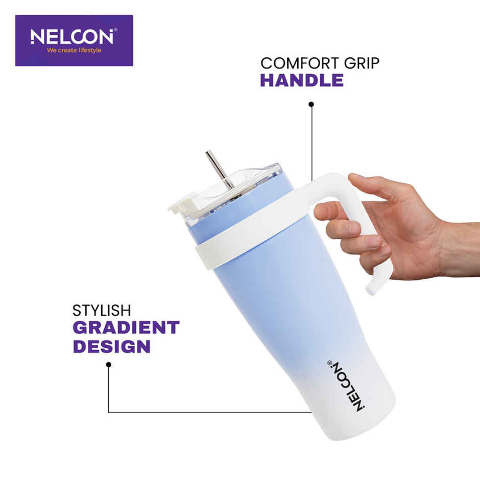 Nelcon Gripsip Double Walled Water Tumbler With Straw | Dual Shade | Light Blue & White | 1.2 L