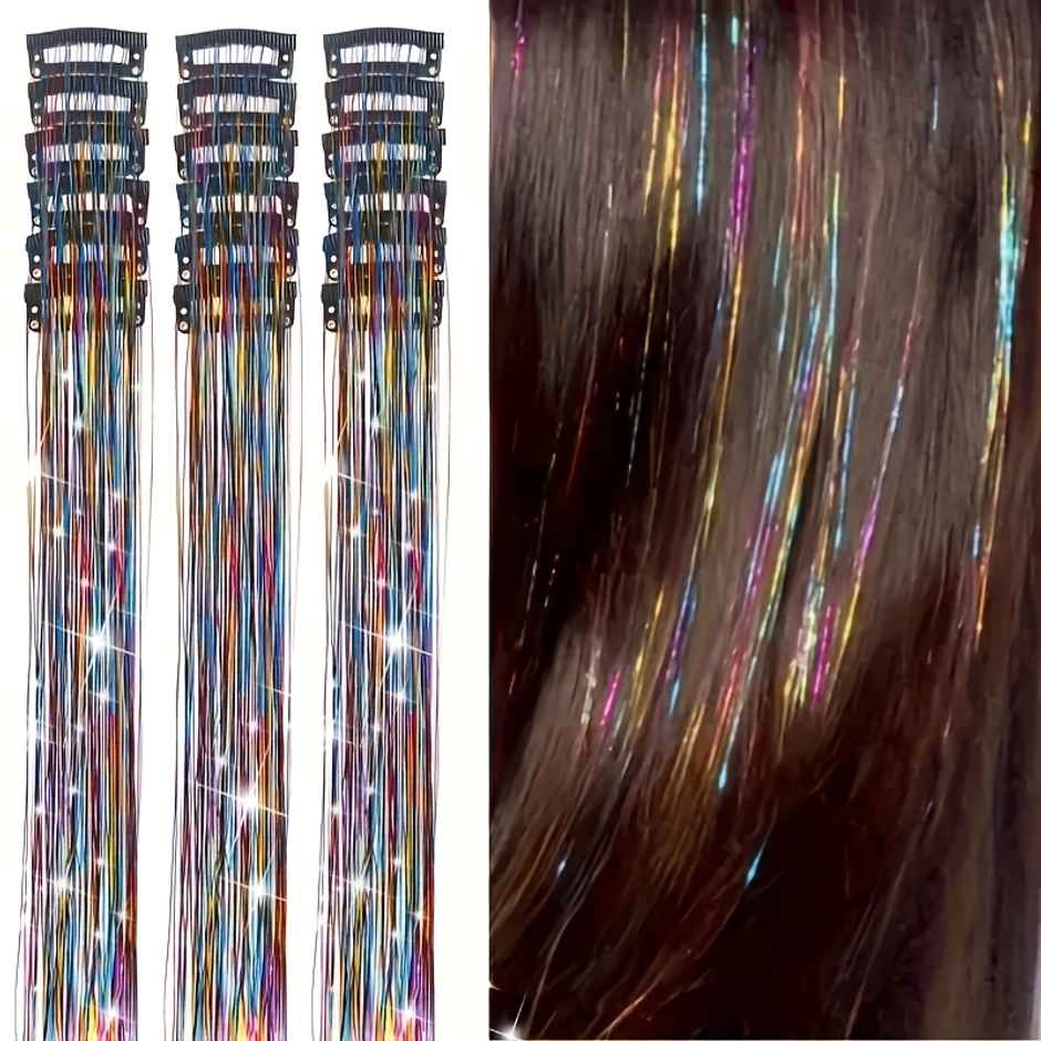CHRONEX Hair Tinsel Clip In 20 Inch Glitter Heat Resistant Extensions Assorted