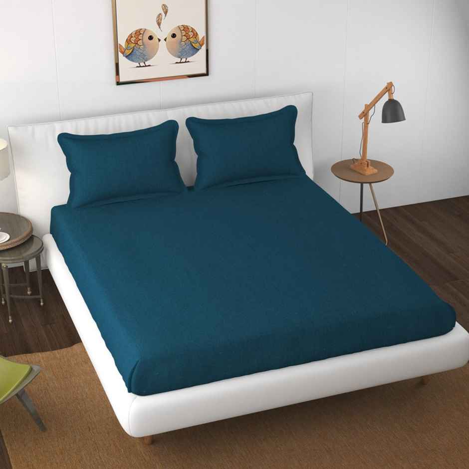 Florida Shades Cotton Elastic Fitted King Size Bedsheet for Double Bed and 2 Pillow Covers 300 TC
