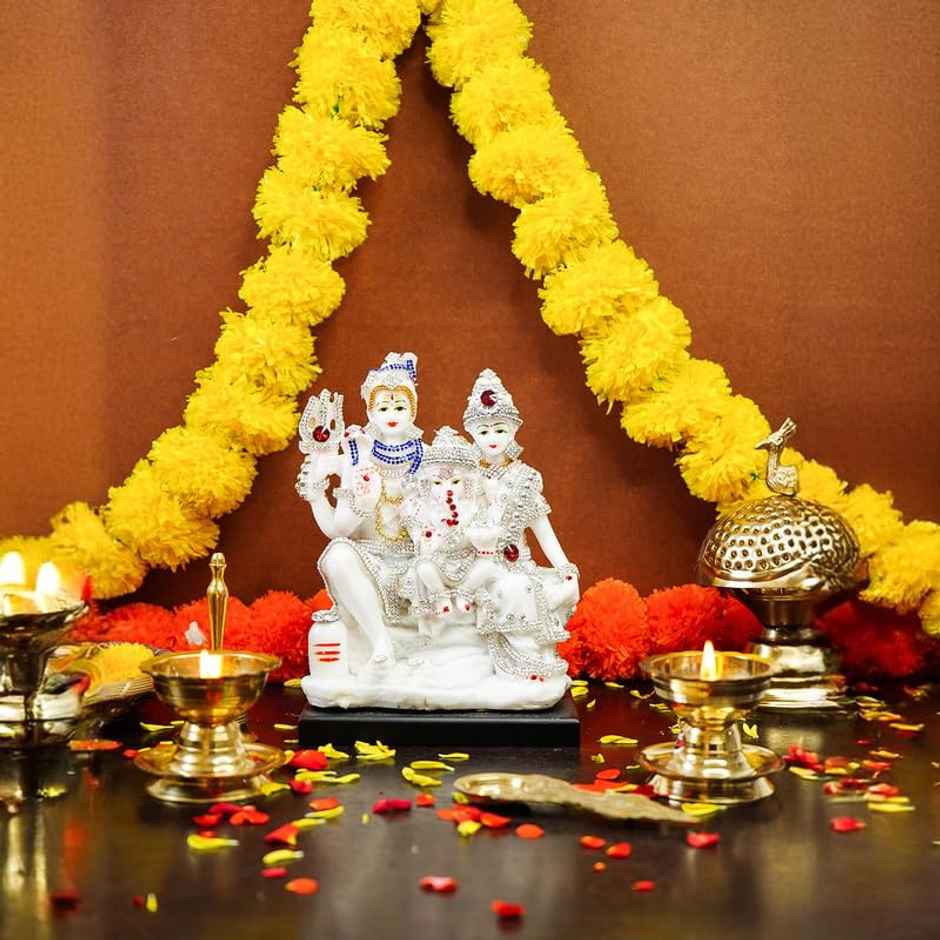 Ekhasa Marble Dust Shiv Parivar Murti | 8 Inch | Gemstone Studded Shiv Parvati Murti For Pooja