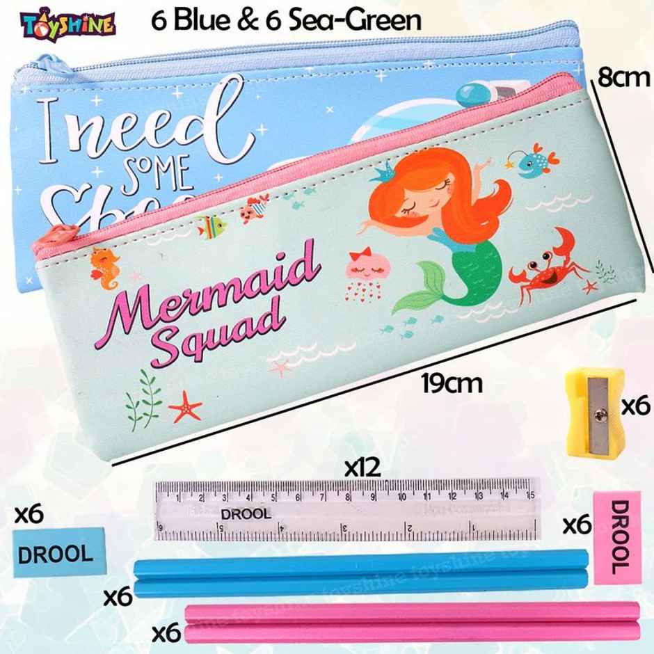 Toyshine Pack Of 12 Space & Mermaid Soft Pencil Storage Case Pouch With Stationery Return Gifts