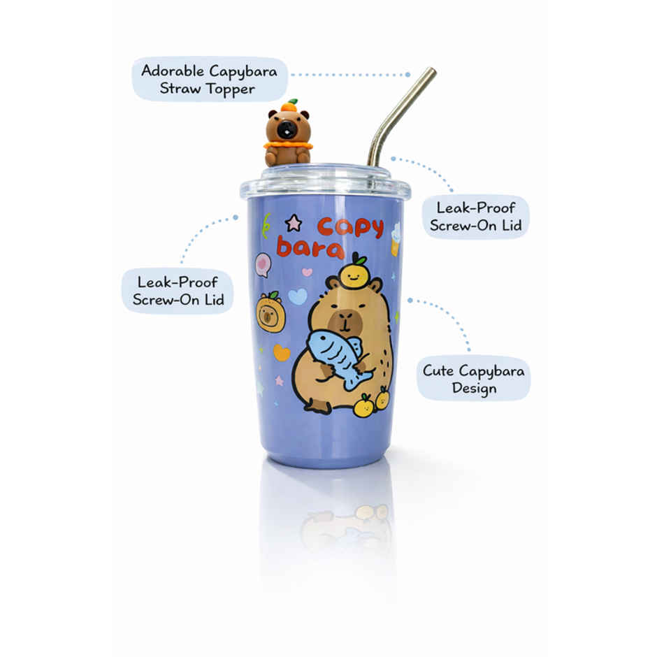 DesignLand Capy Bara Vacuum Cup With Straw | Blue | 500 ml