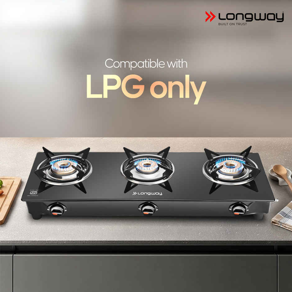Longway 3 Burner Furn Glass Top | Auto Ignition Glass Gas Stove | ISI Certified | Black