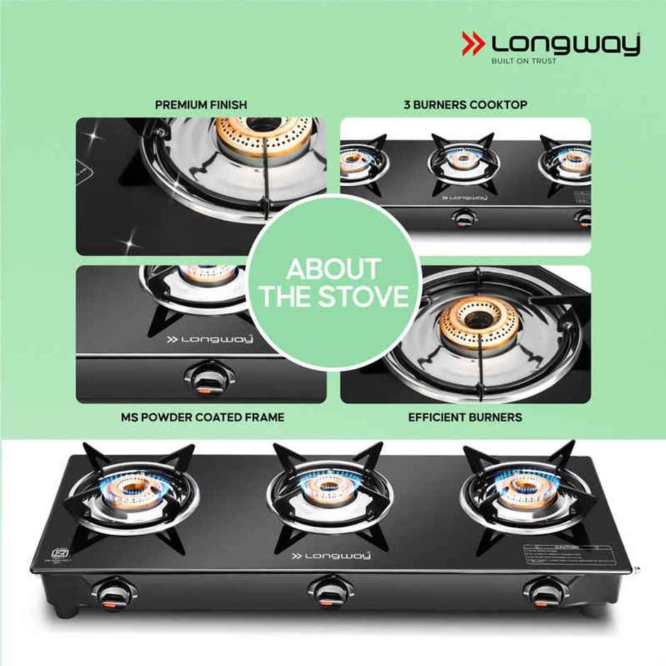 Longway 3 Burner Furn Glass Top | Manual Ignition Glass Gas Stove | ISI Certified