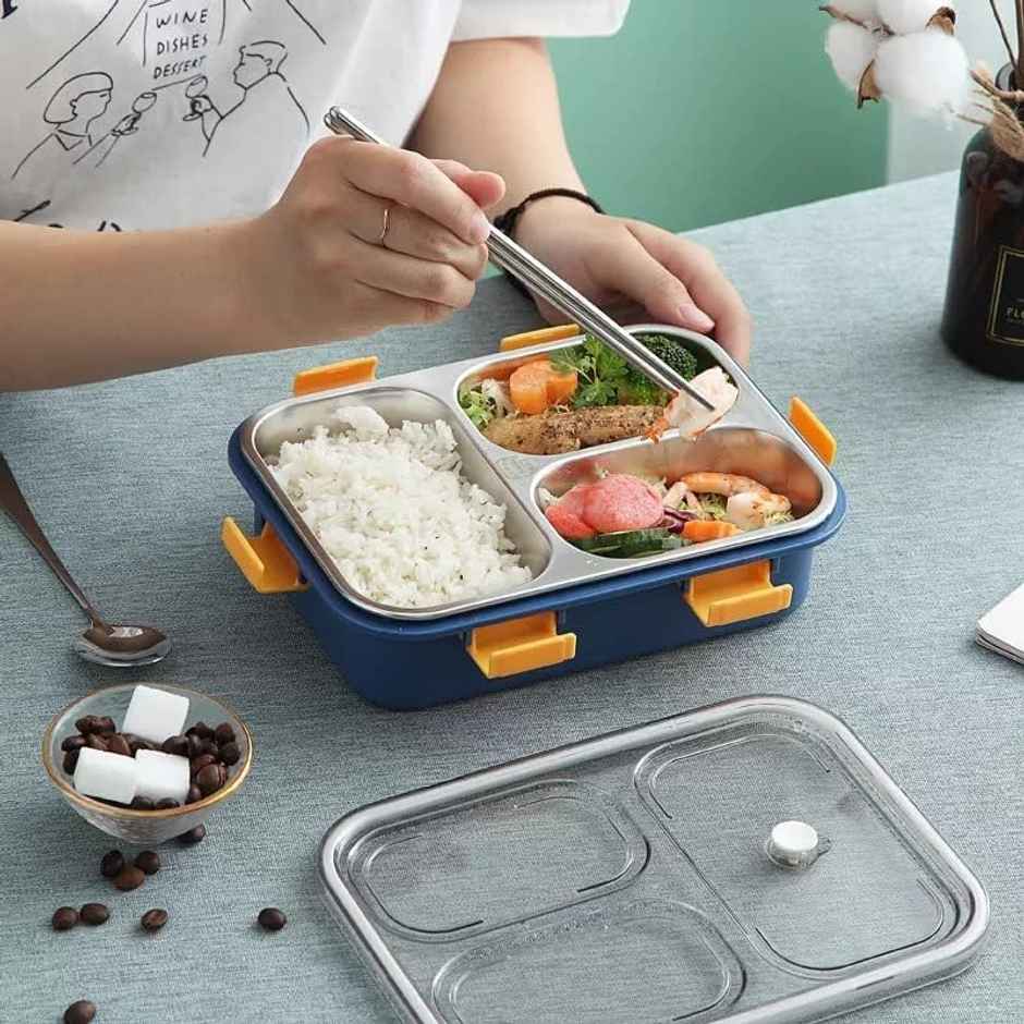 Clazkit 3 Compartment Stainless Steel Lunch BoxPack of 1 Blue,750ML