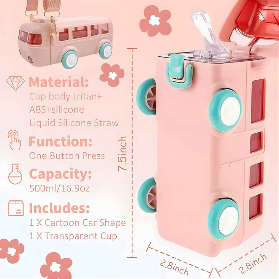 DesignLand School Bus Pink Sipper Water Bottle | Pink | 500 ml