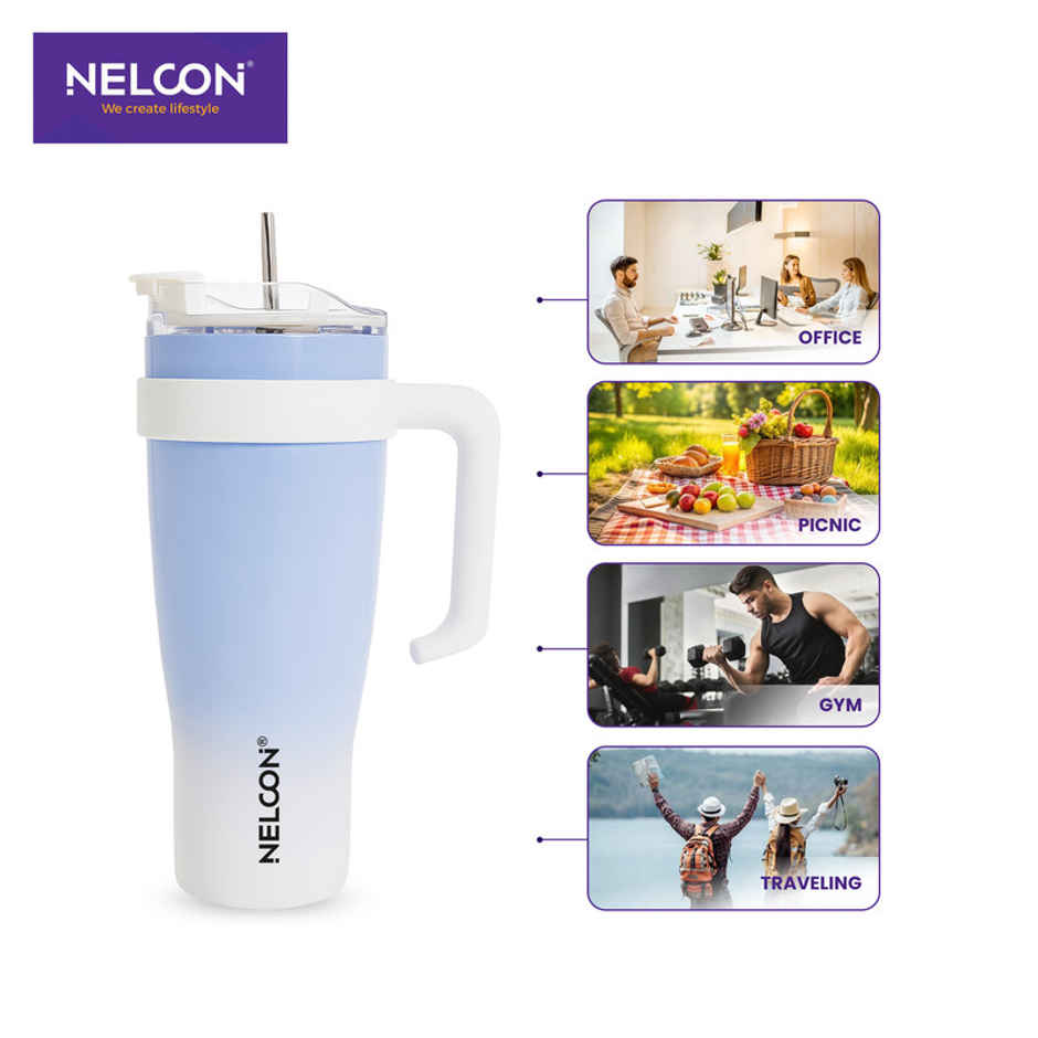 Nelcon Gripsip Double Walled Water Tumbler With Straw | Dual Shade | Light Blue & White | 1.2 L