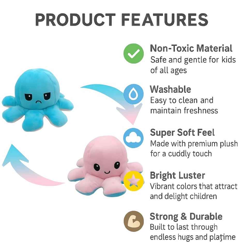 Fablue Octopus Reversible Sitting Plush Soft Toy Animal For Kids