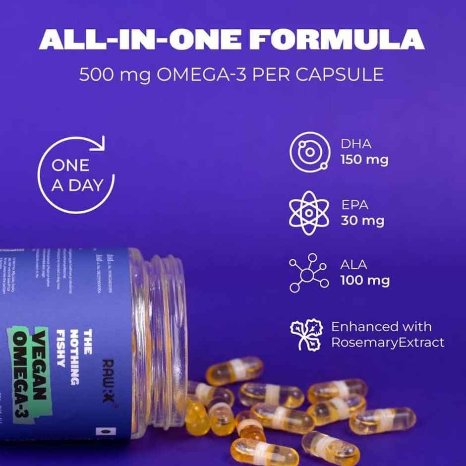Rawrx Vegan Omega 3 Fatty Acid Capsules, 30 Vegetarian Caps (30 Days Supply) For Men & Women