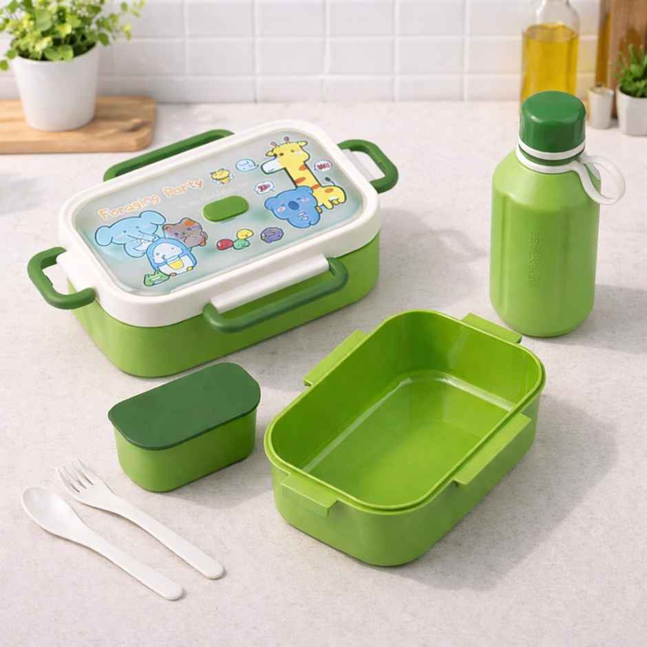 DesignLand Kids Lunch Box with 3 Compartments Leakproof Food Container with Spoon | Green