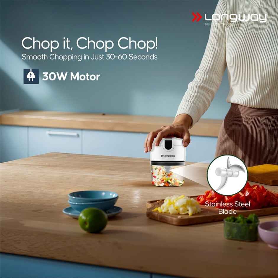 Longway Slicer Rechargeable Mini Electric Chopper | 250ml Food Grade Bowl | White