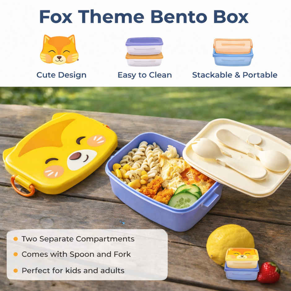 DesignLand Cute Cartoon Kids Lunch Box with Spoon & Fork | Yellow & Purple