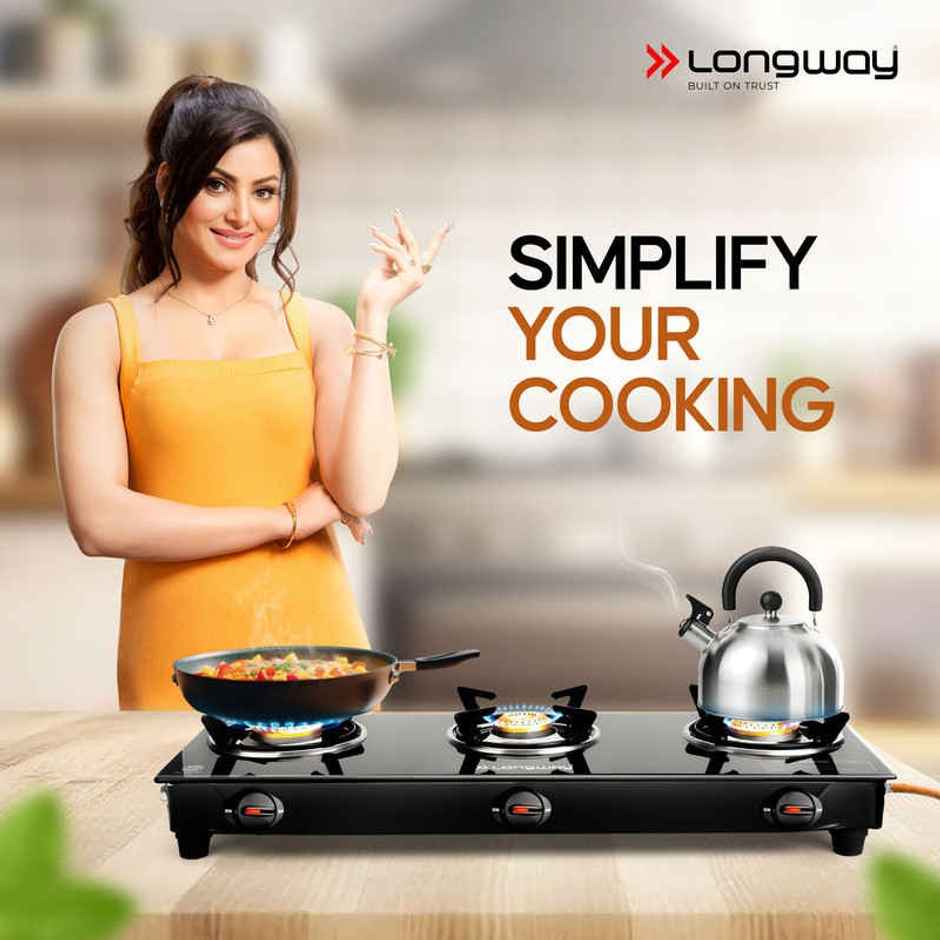 Longway 3 Burner Furn Glass Top | Auto Ignition Glass Gas Stove | ISI Certified | Black