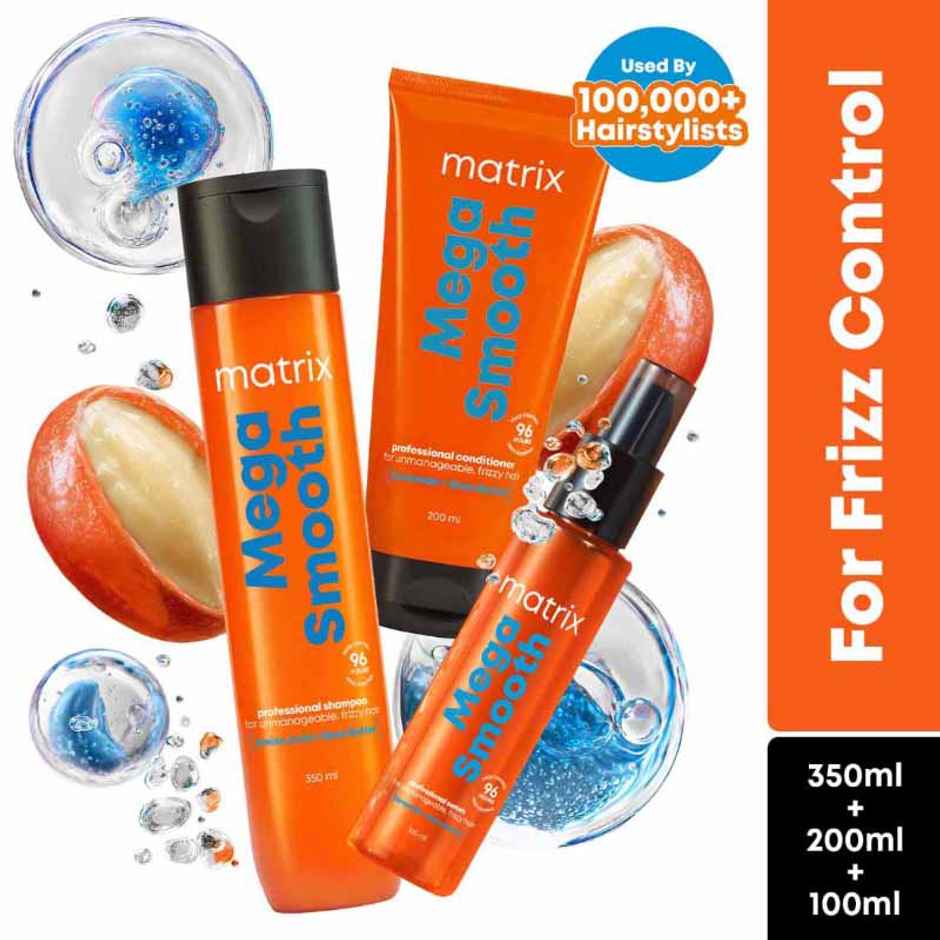 Matrix Mega Smooth Shampoo, Conditioner & Serum Combo, Defy Frizz For 4 Days, For All Hair Types