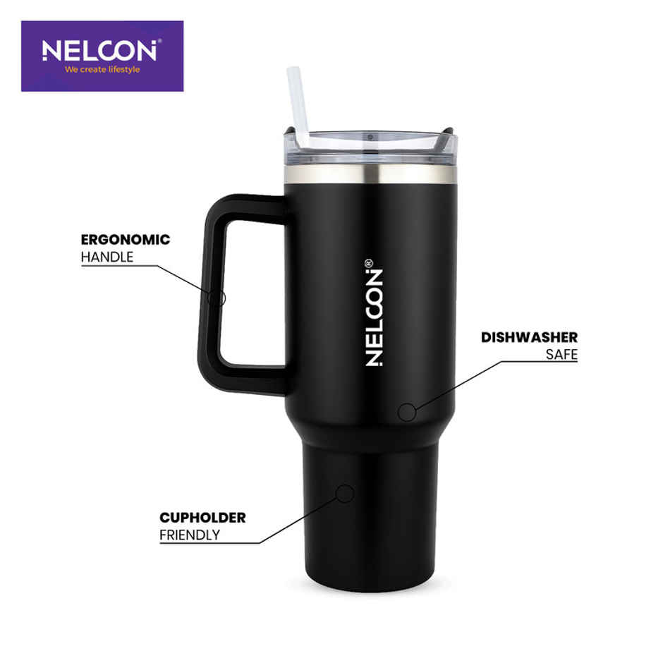 Nelcon SipJoy Vacuum Insulated Water Tumbler With Straw | Matt Finish | Black | 900 ml