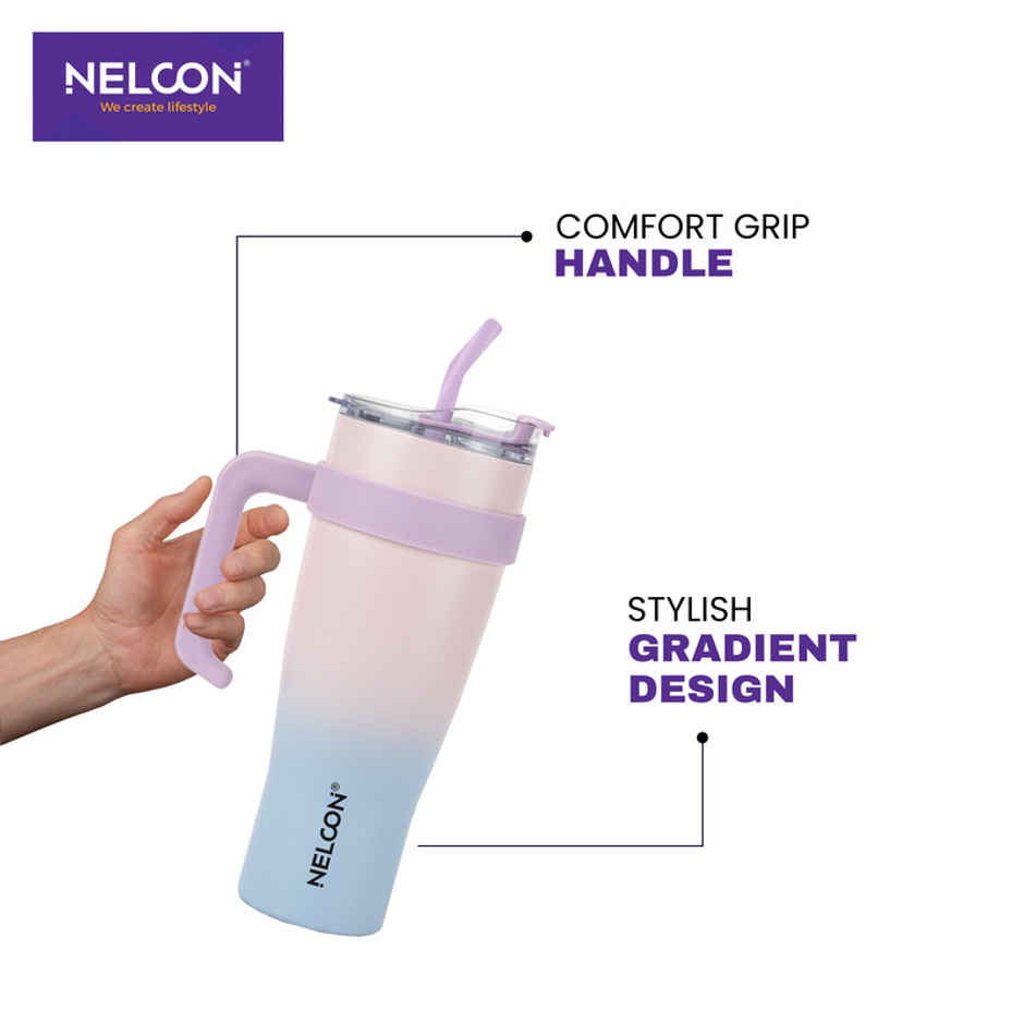 Nelcon Gripsip Double Walled Water Tumbler With Straw | Dual Shade | Light Pink & Blue | 1.2 L