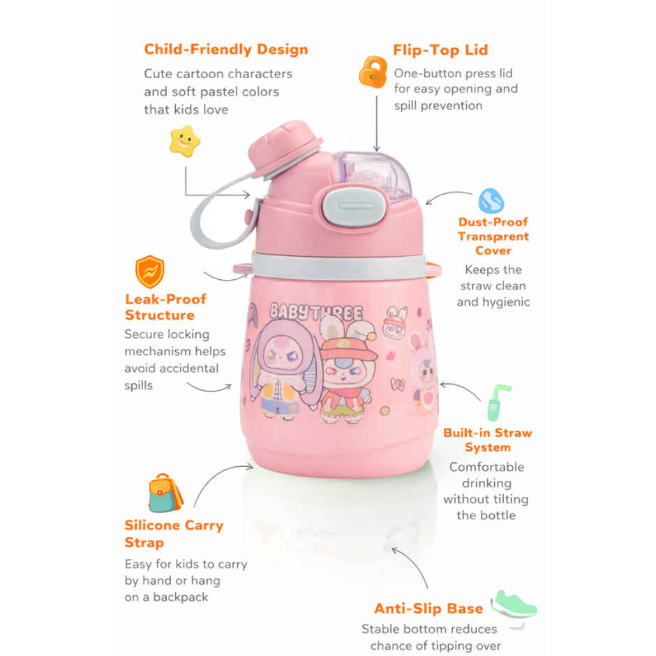 DesignLand Baby Three Green Water Bottle | Pink | 350 ml