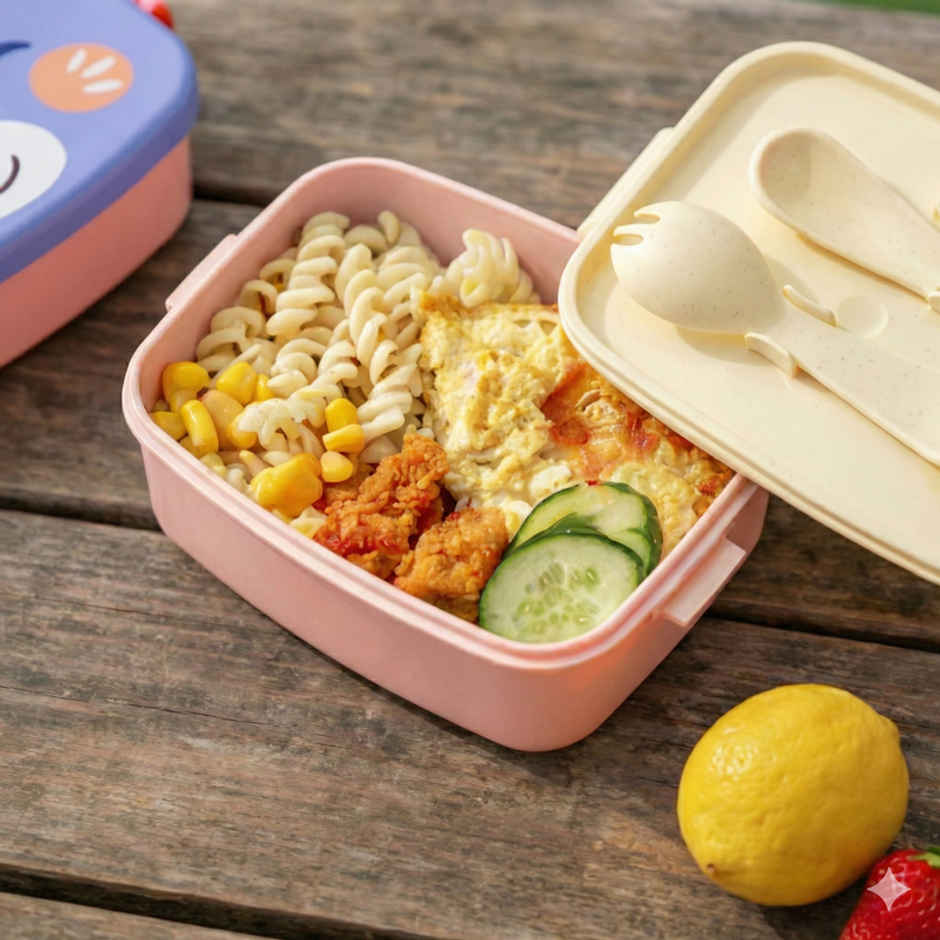 DesignLand Cartoon Kids Lunch Box with Spoon and Fork | Blue & Pink
