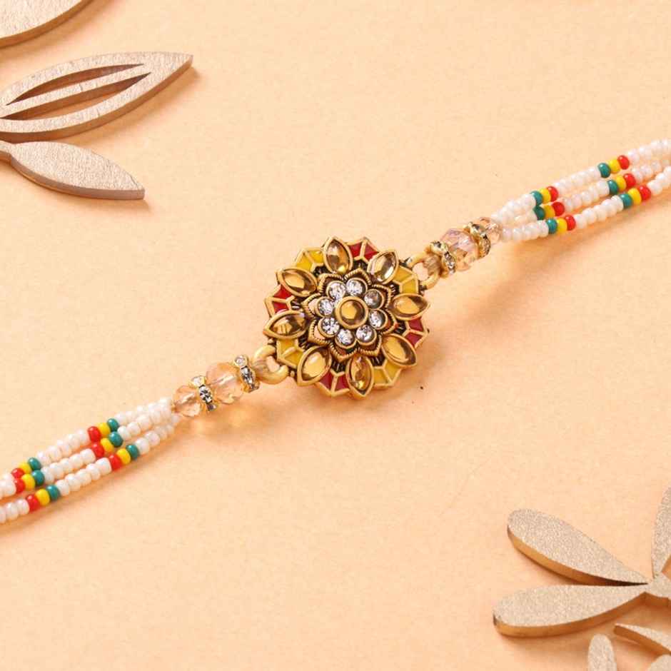 FlowerAura Premium Beaded Zircon Kundan Rakhi - Luxurious Design