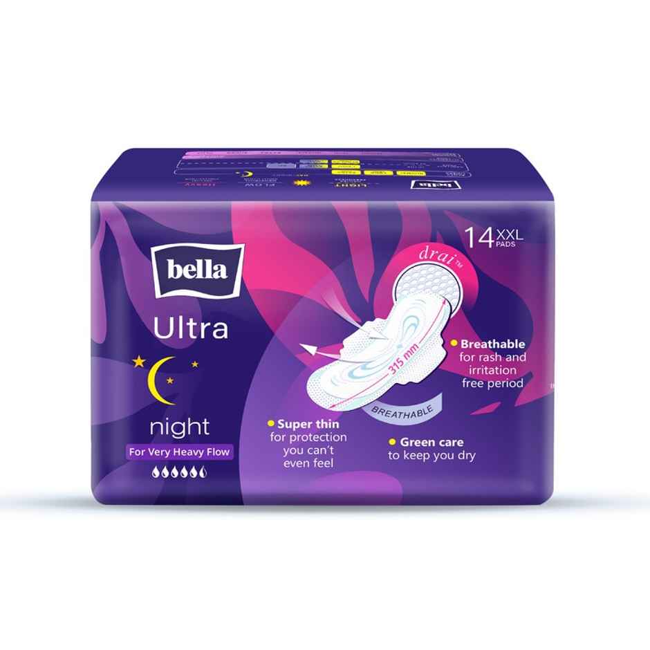 Bella Ultra Night Drai Pads | Breathable | Drai Topsheet | Rash Free Perios | XXL | 14 pcs