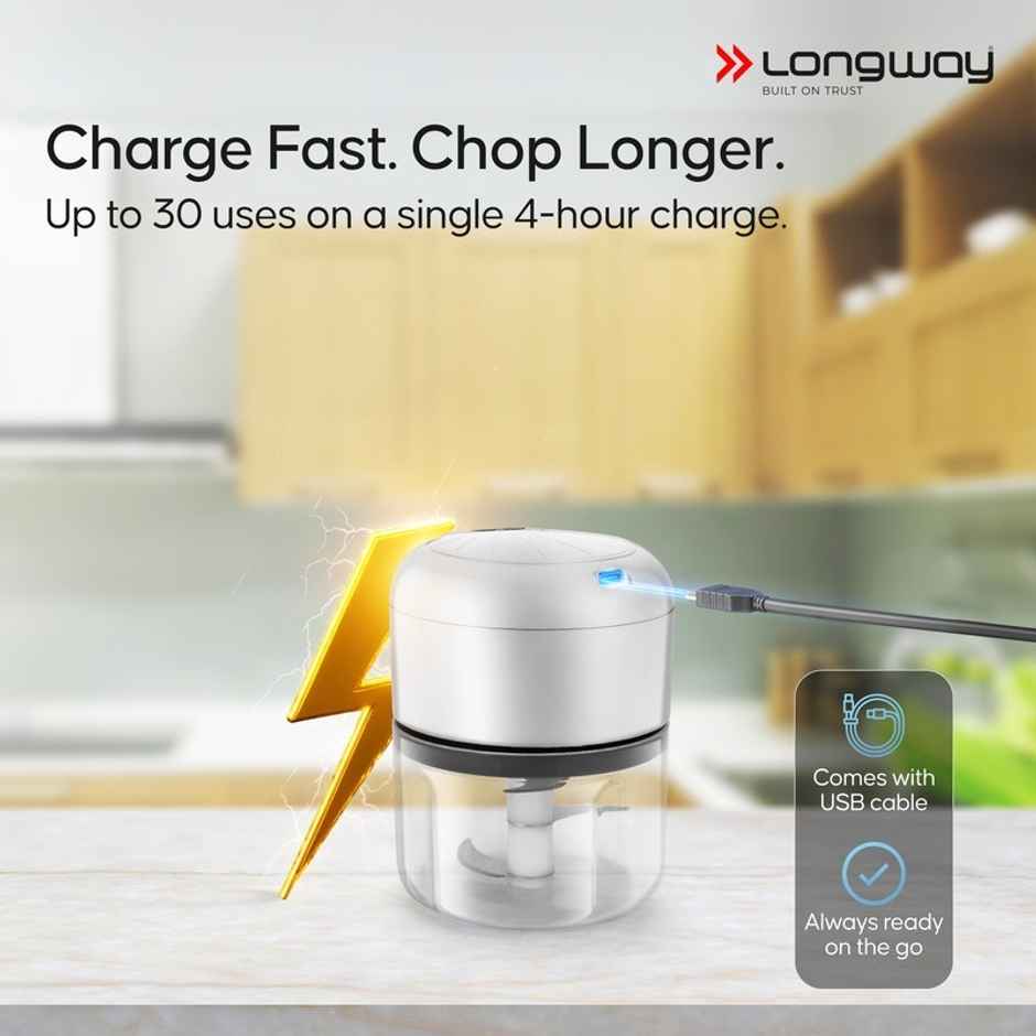 Longway Slicer Rechargeable Mini Electric Chopper | 250ml Food Grade Bowl | White