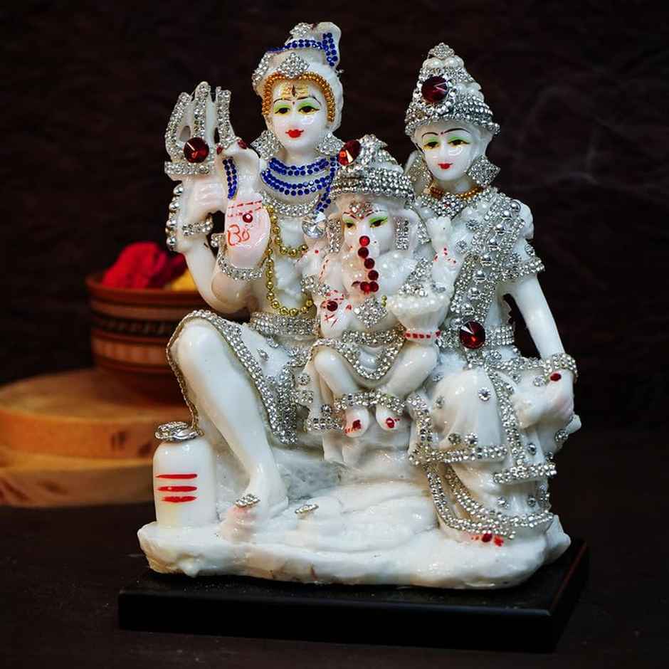Ekhasa Marble Dust Shiv Parivar Murti | 8 Inch | Gemstone Studded Shiv Parvati Murti For Pooja