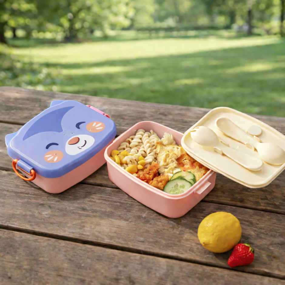 DesignLand Cartoon Kids Lunch Box with Spoon and Fork | Blue & Pink