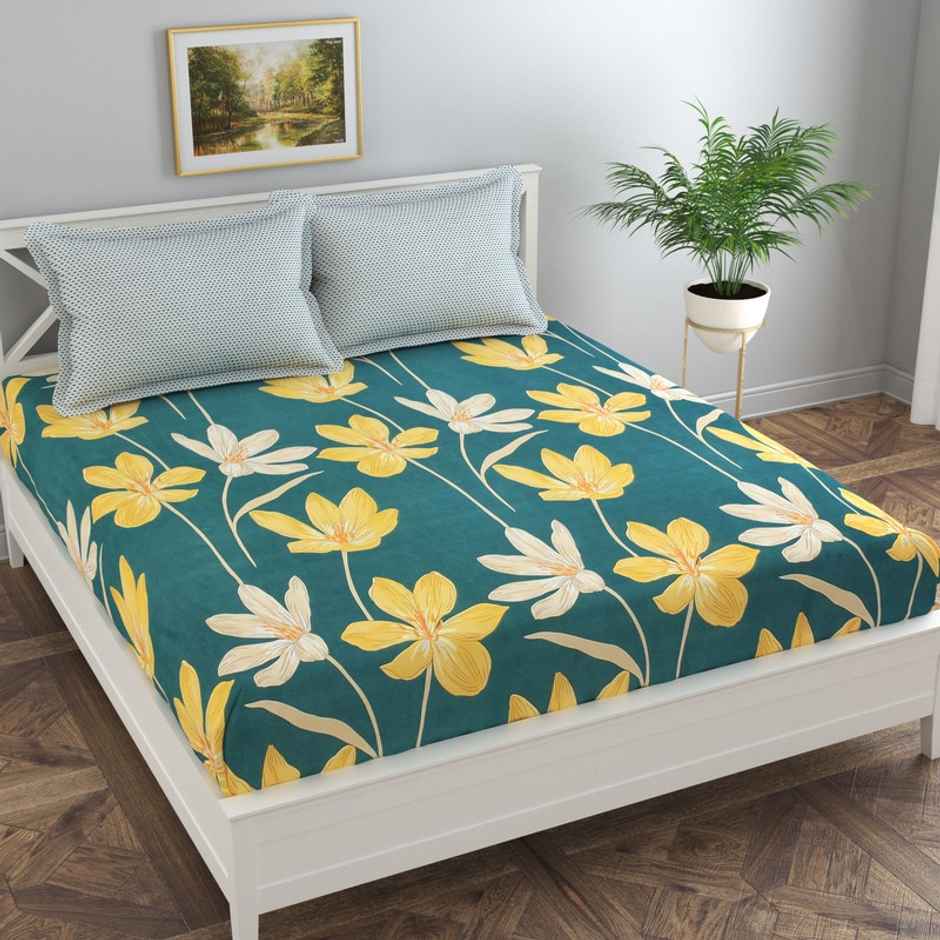 Florida Reeva Elastic Fitted Bedsheet for Double Size Bed with Pillow Covers & Made of Cotton