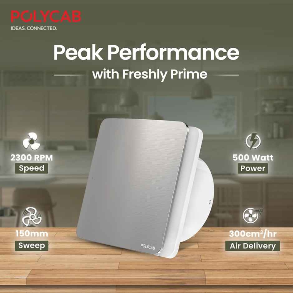 Polycab Freshly Prime Air Exhaust fan, 150mm,Noiseless,100% Copper Winding, Steel Finish