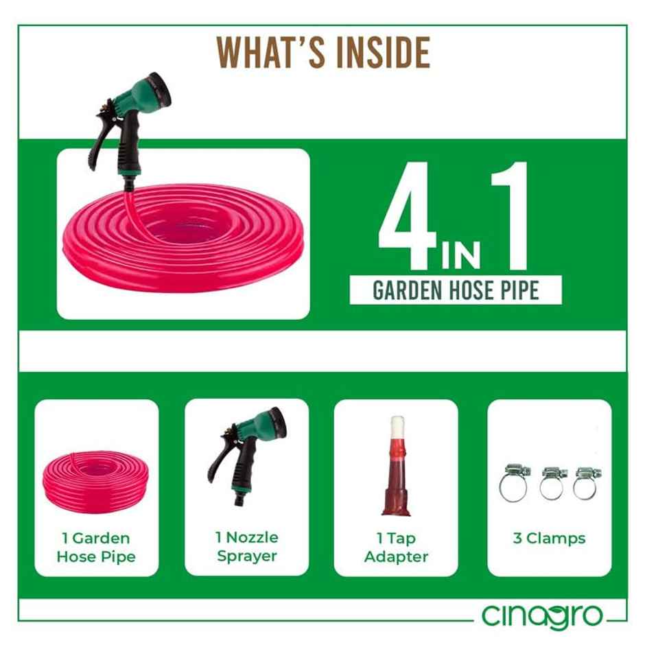 Cinagro Water Hose Pipe with Spray Gun, Tap Adapter & 3 Clamps | 5 m - Pink (Gardening, Car Washing)