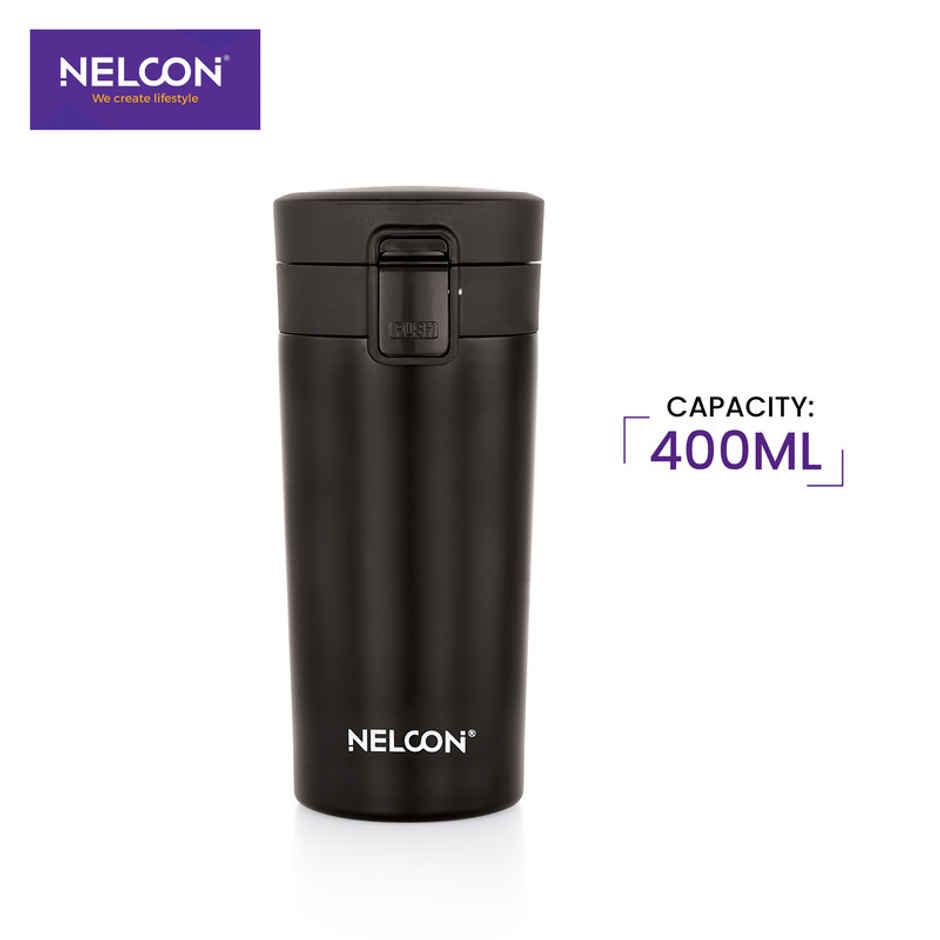 Nelcon Flagon Insulated Mugs & Tumbler | Double Wall Stainless Steel | Black | 400 ml